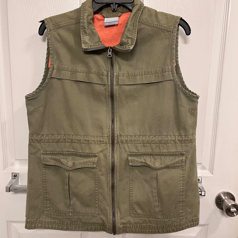Columbia Womens Olive Green Cotton Utility Vest Full Zip Pockets Large